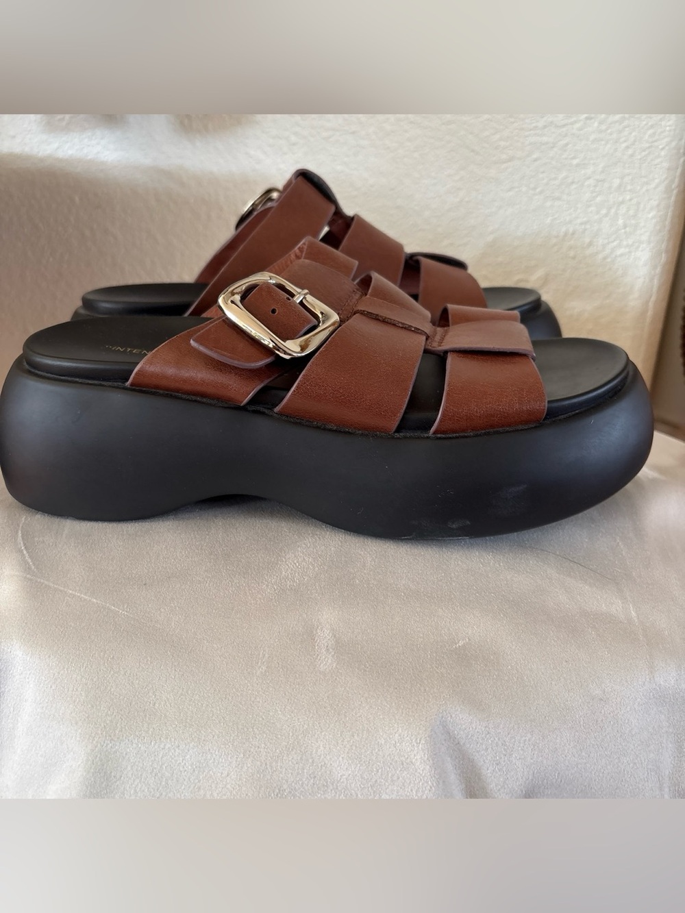 INTENTIONALLY BLANK Brown Leather Buckle Platform Sandals